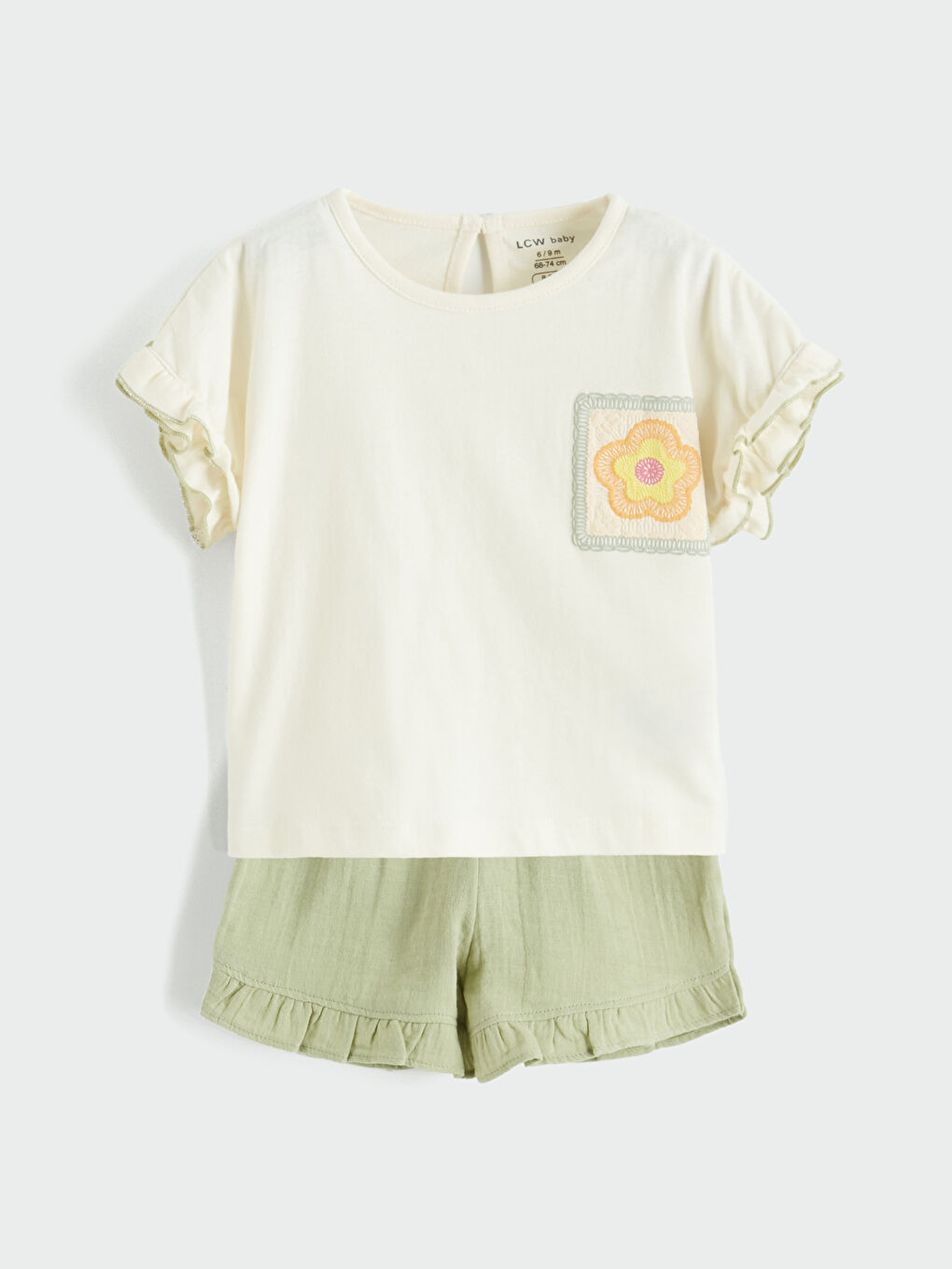 Ekru Nakışlı ve Fırfır Detaylı Kız Bebek Takım