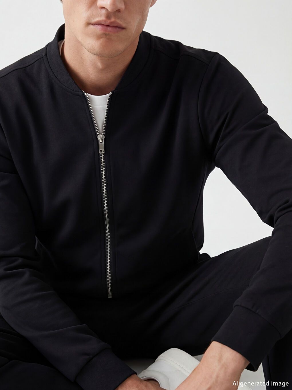 Siyah Standart Kalıp Erkek Fermuarlı Sweatshirt-2