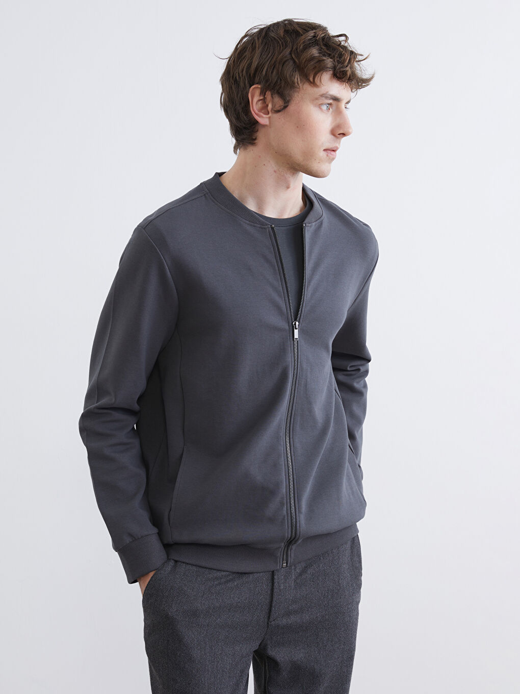 Antrasit Standart Kalıp Erkek Fermuarlı Sweatshirt