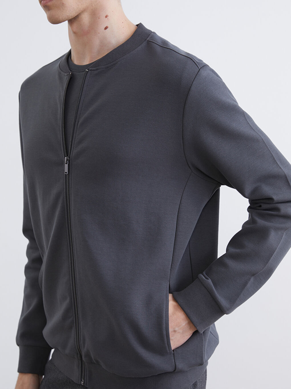 Antrasit Standart Kalıp Erkek Fermuarlı Sweatshirt-2