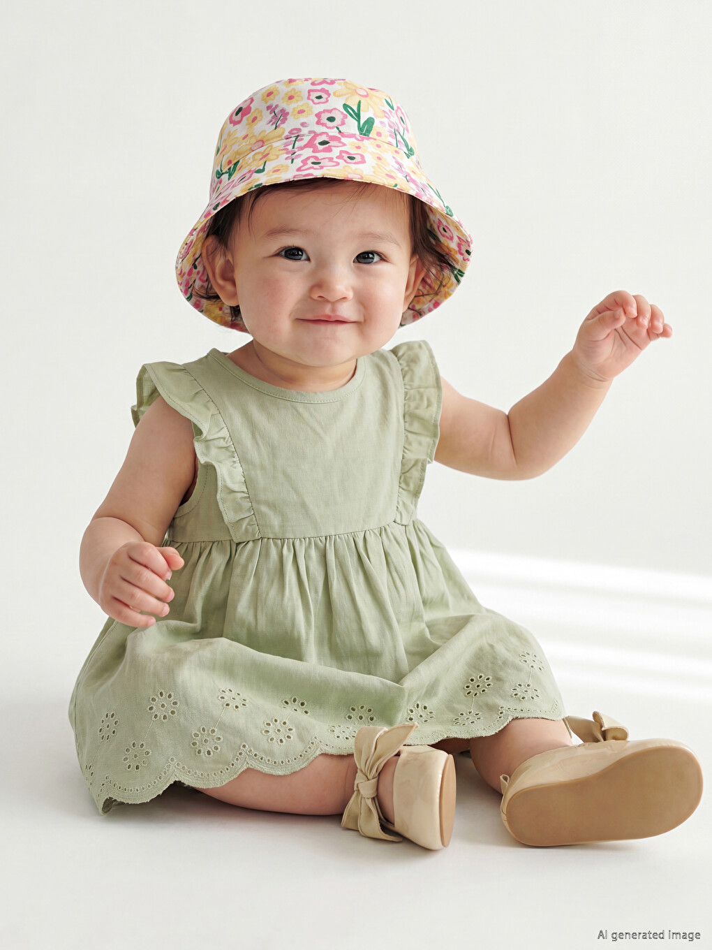 Crew Neck Ruffled Embroidered Baby Girls' Dress-1