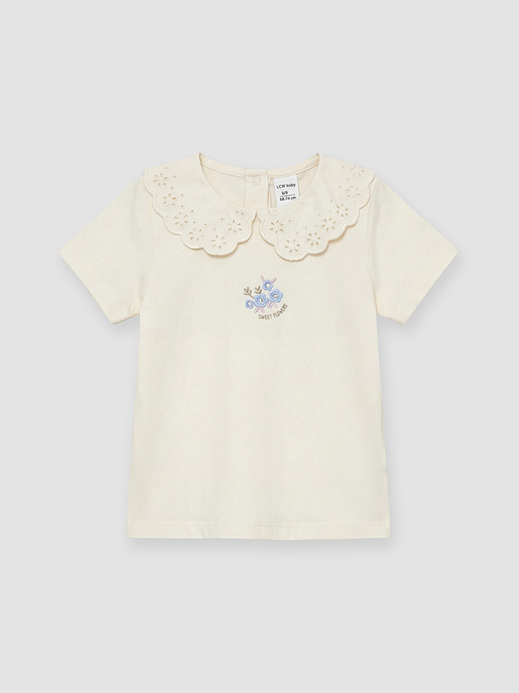 Ekru Bebe Yaka Nakışlı Kız Bebek Tişört