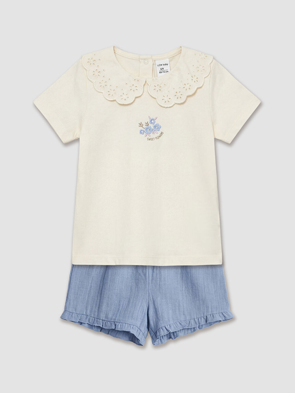 Ekru Nakışlı Kız Bebek Tişört ve Şort Takım