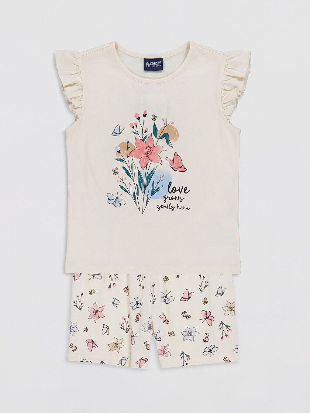 Ekru Bisiklet Yaka Kız Çocuk Şortlu Pijama Takımı