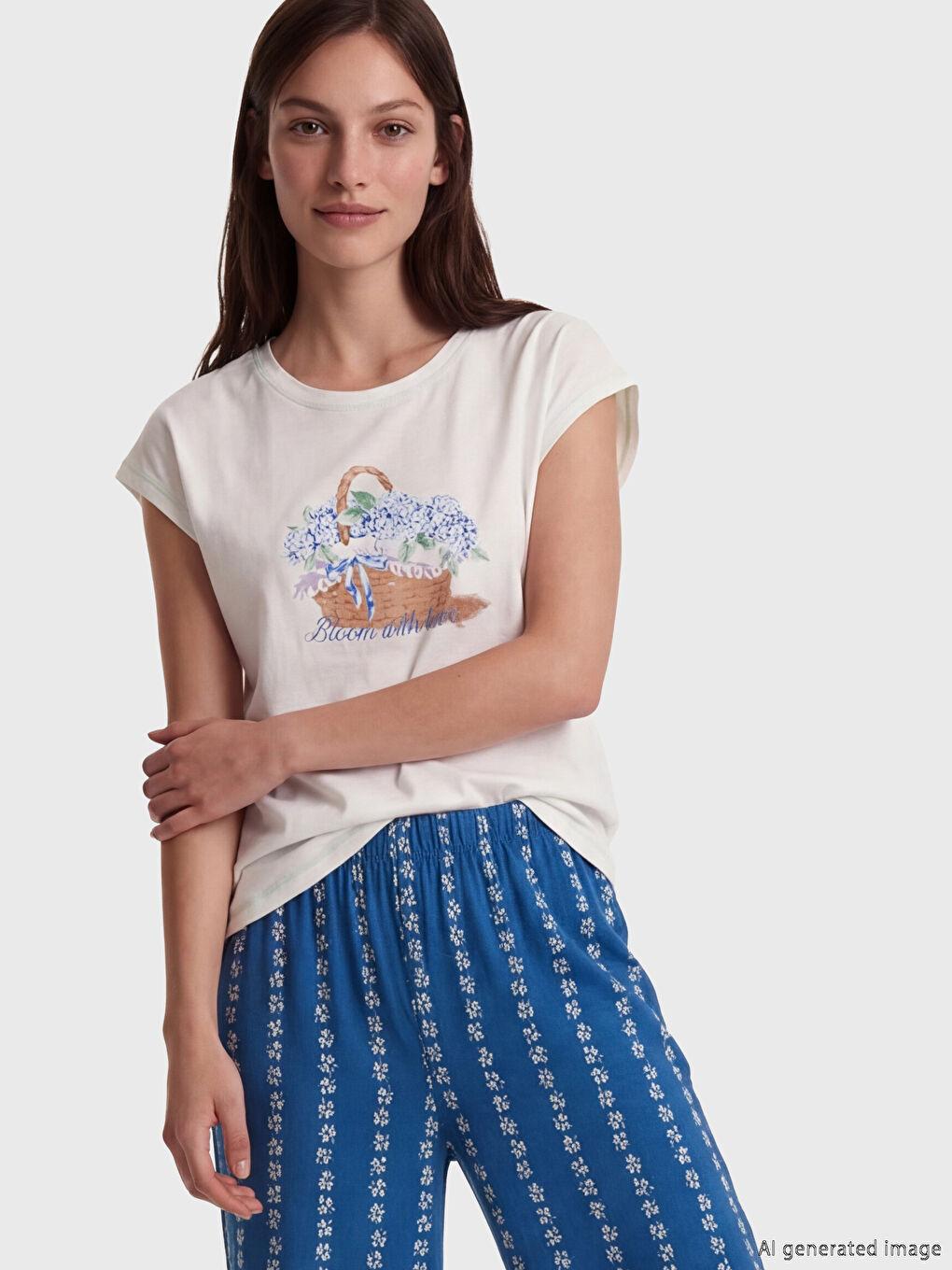 Lacivert Baskılı Kadın Kaprili Pijama Takımı-1