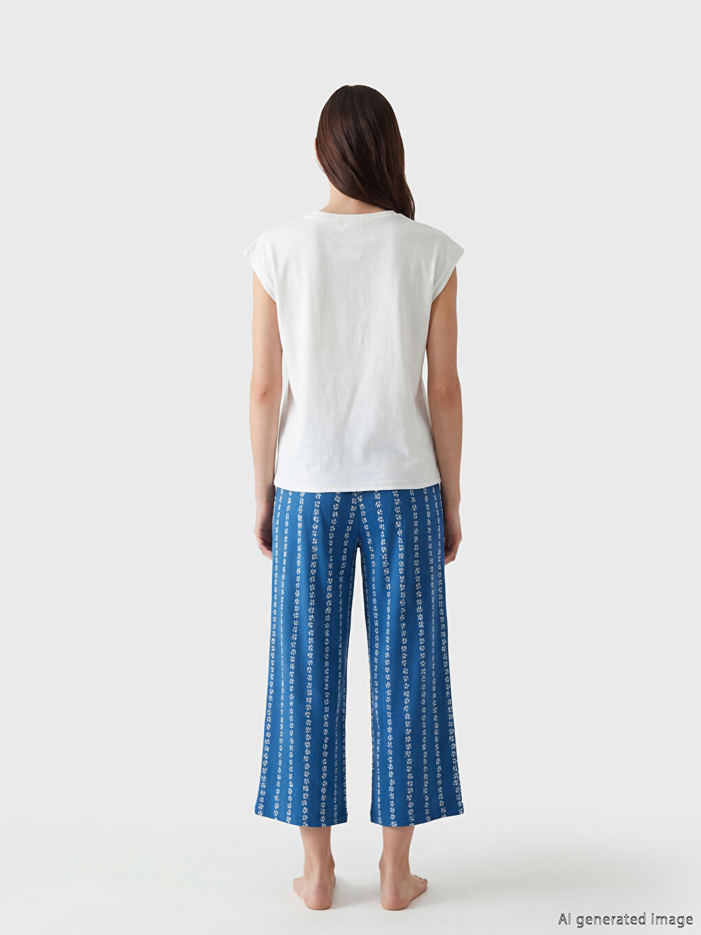 Lacivert Baskılı Kadın Kaprili Pijama Takımı-3