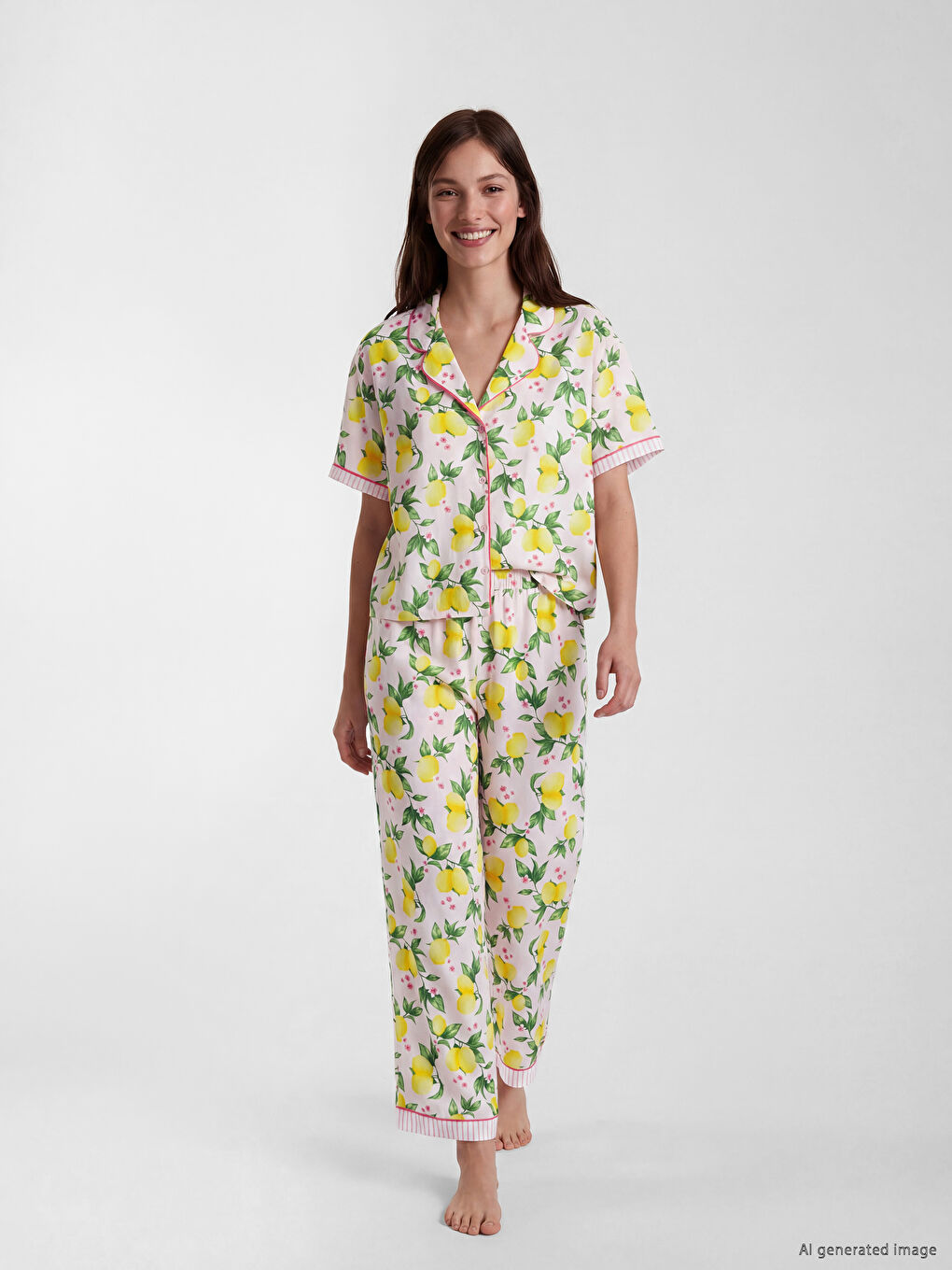 Collared Neck Lemon Printed Women's Pyjama Set-1