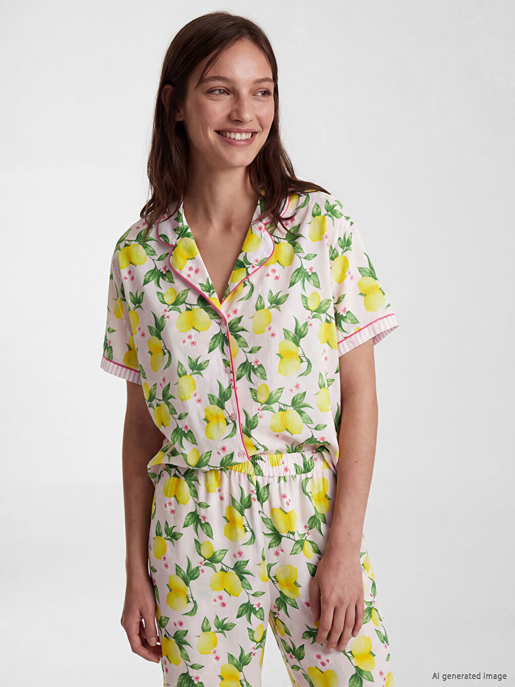 Collared Neck Lemon Printed Women's Pyjama Set-2