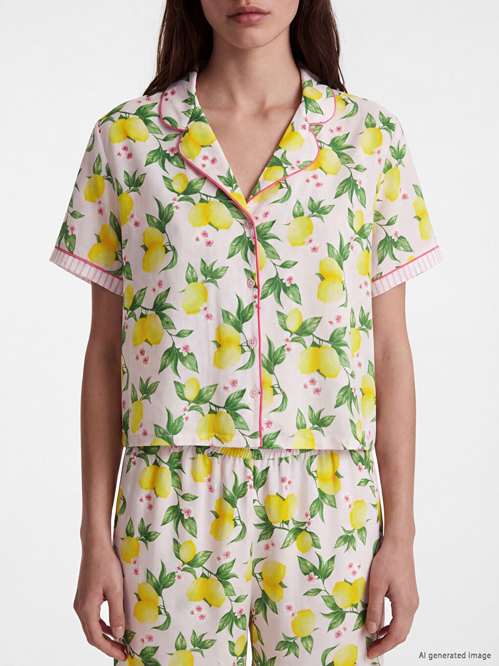 Collared Neck Lemon Printed Women's Pyjama Set-3
