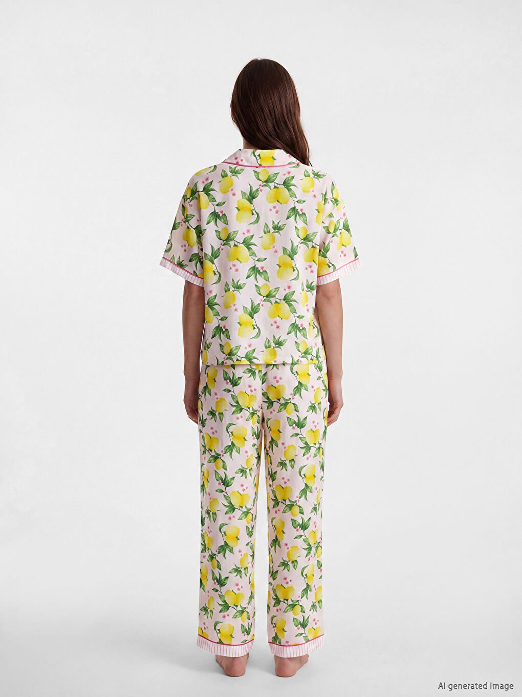 Collared Neck Lemon Printed Women's Pyjama Set-4