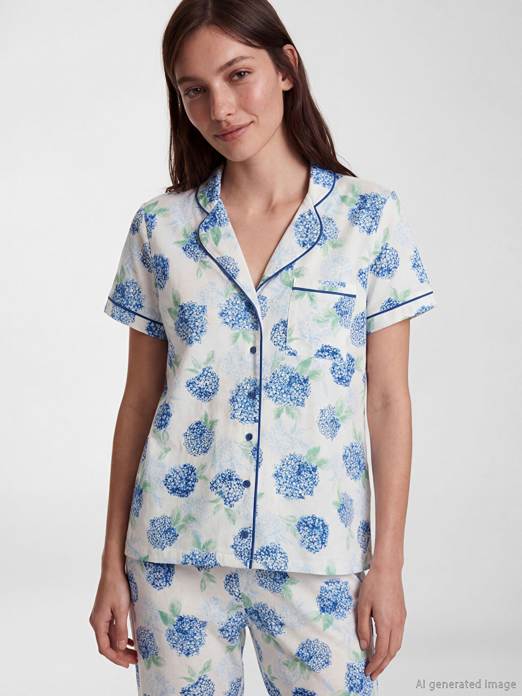 Комплект дамски пижами с яка и флорален десен-1