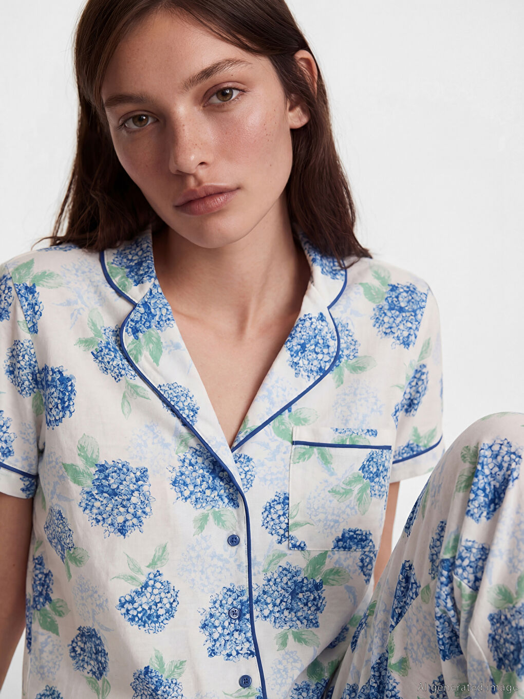 Комплект дамски пижами с яка и флорален десен-2