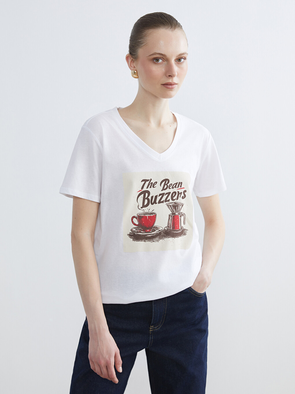 Tricou Imprimat cu Decolteu în V pentru Femei