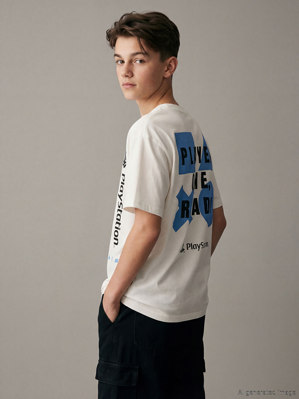Beyaz PlayStation Baskılı Erkek Çocuk Tişört-1