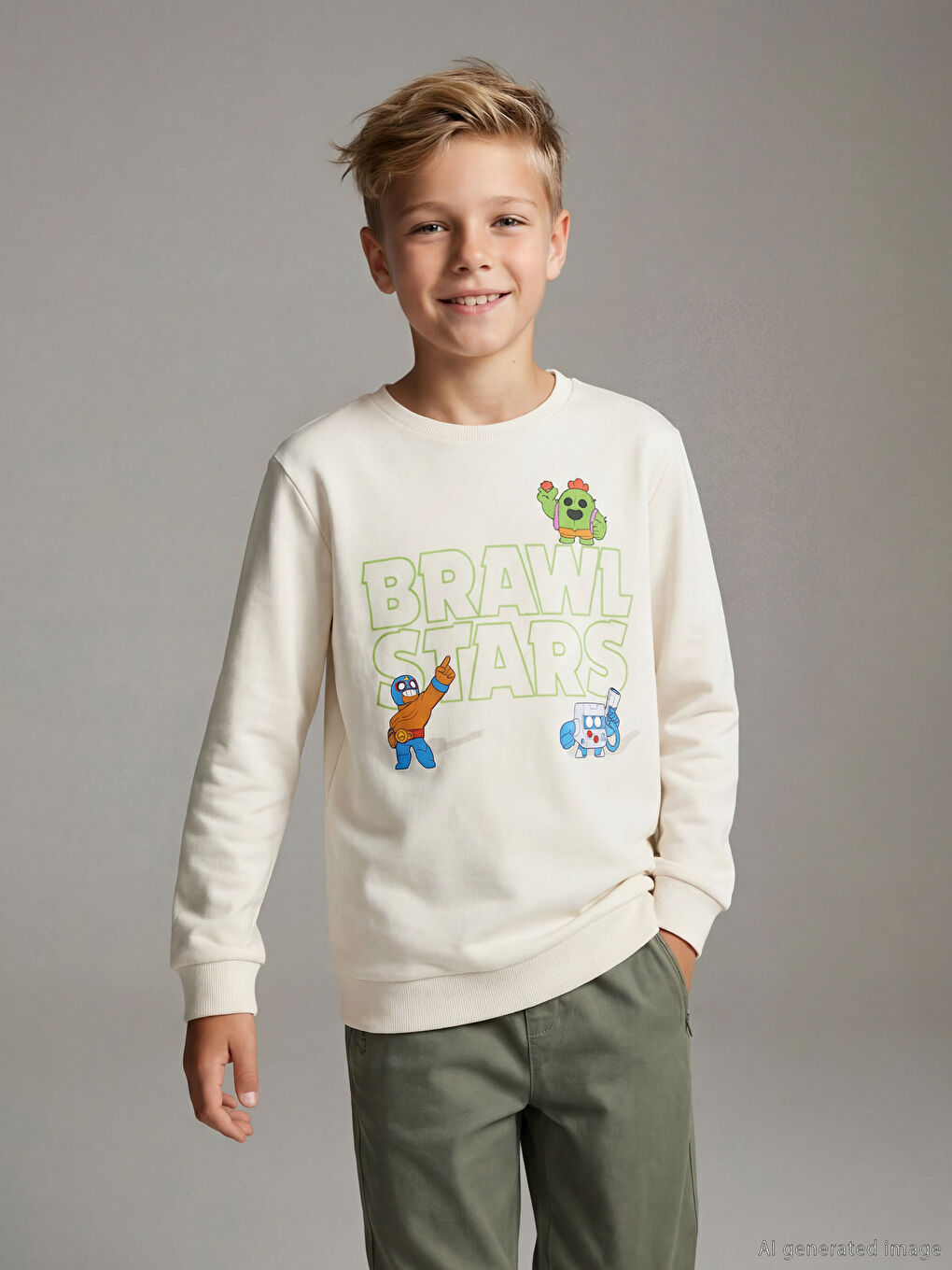 Bej Bisiklet Yaka Brawl Stars Baskılı Erkek Çocuk Sweatshirt