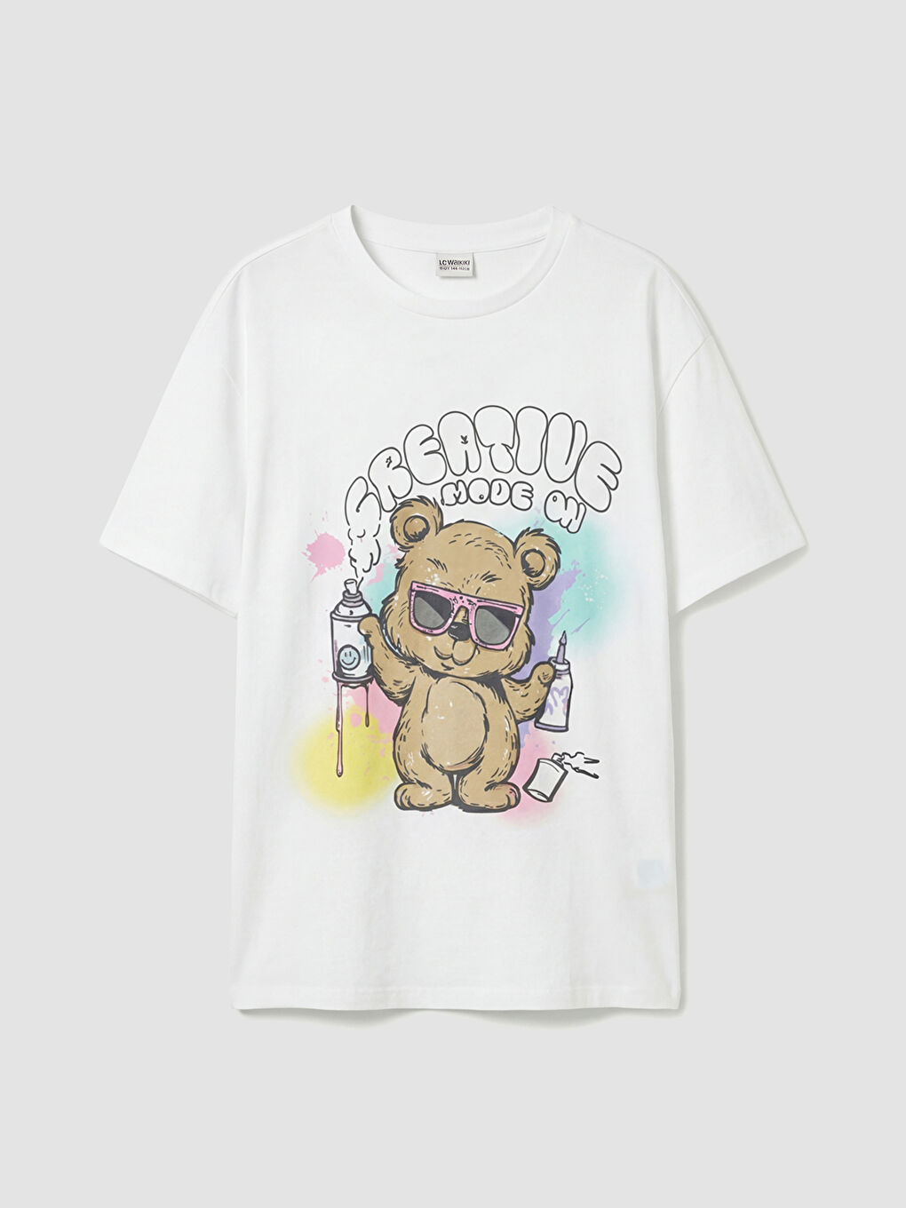 Beyaz Bisiklet Yaka Baskılı Kız Çocuk Tişört