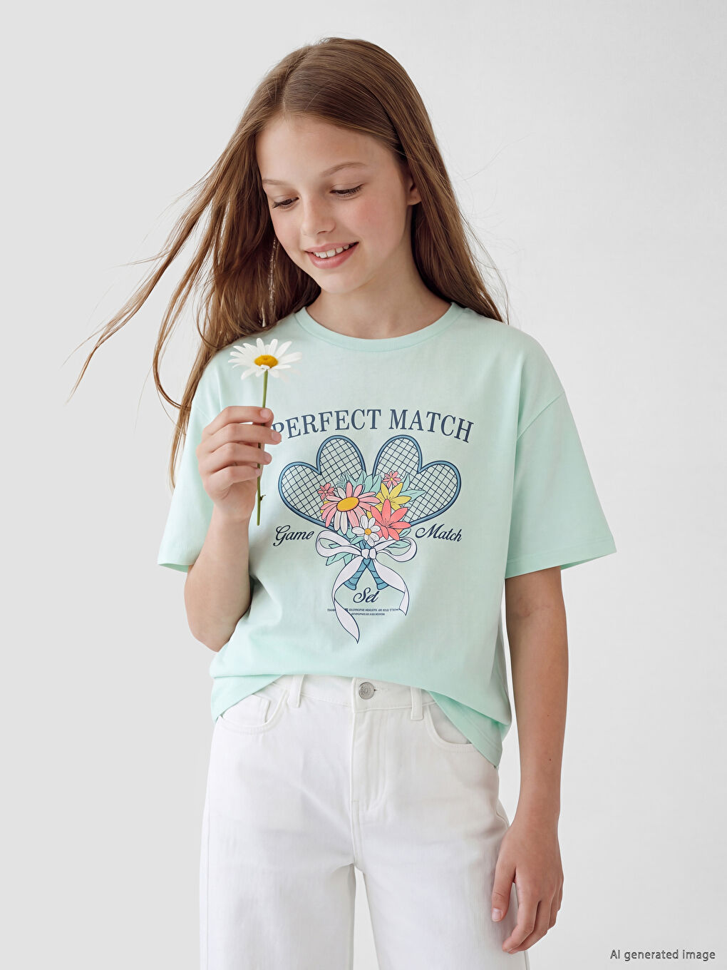 Crew Neck Girls' Printed T-Shirt