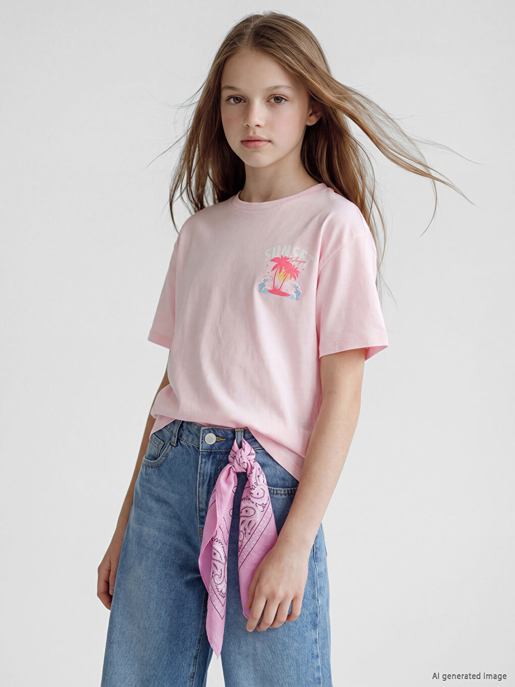 Crew Neck Girls' Printed T-Shirt-1