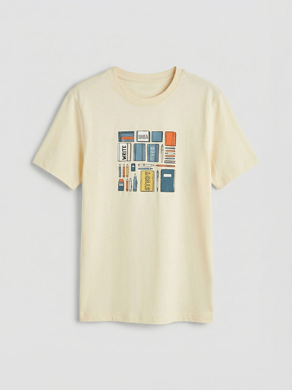 Bej Bisiklet Yaka Baskılı Erkek Çocuk Tişört