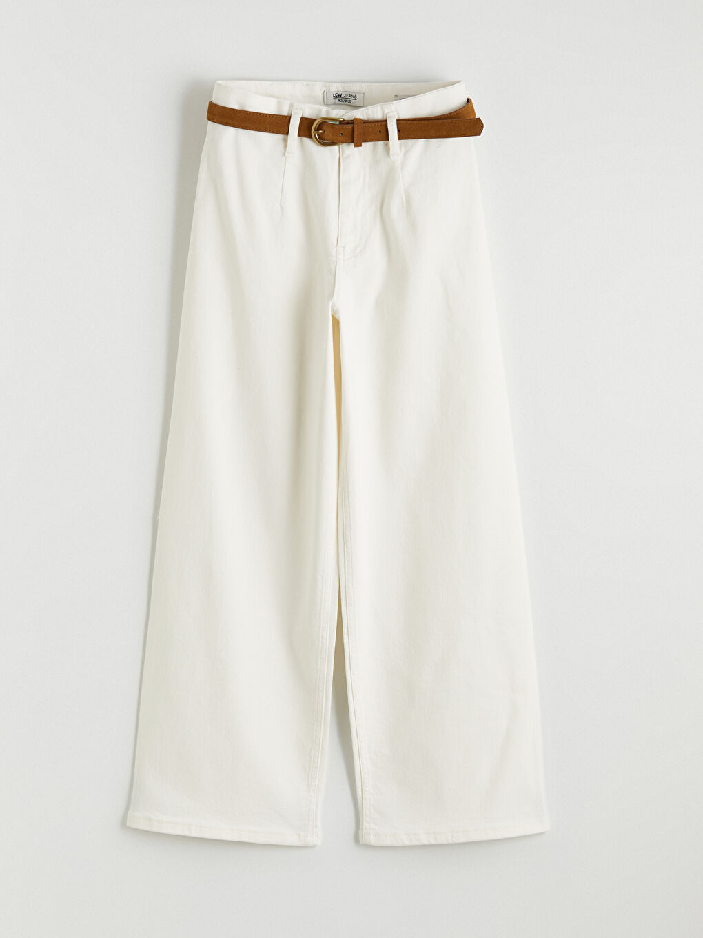 Beyaz Beli Kemerli Wideleg Kadın Jean Pantolon