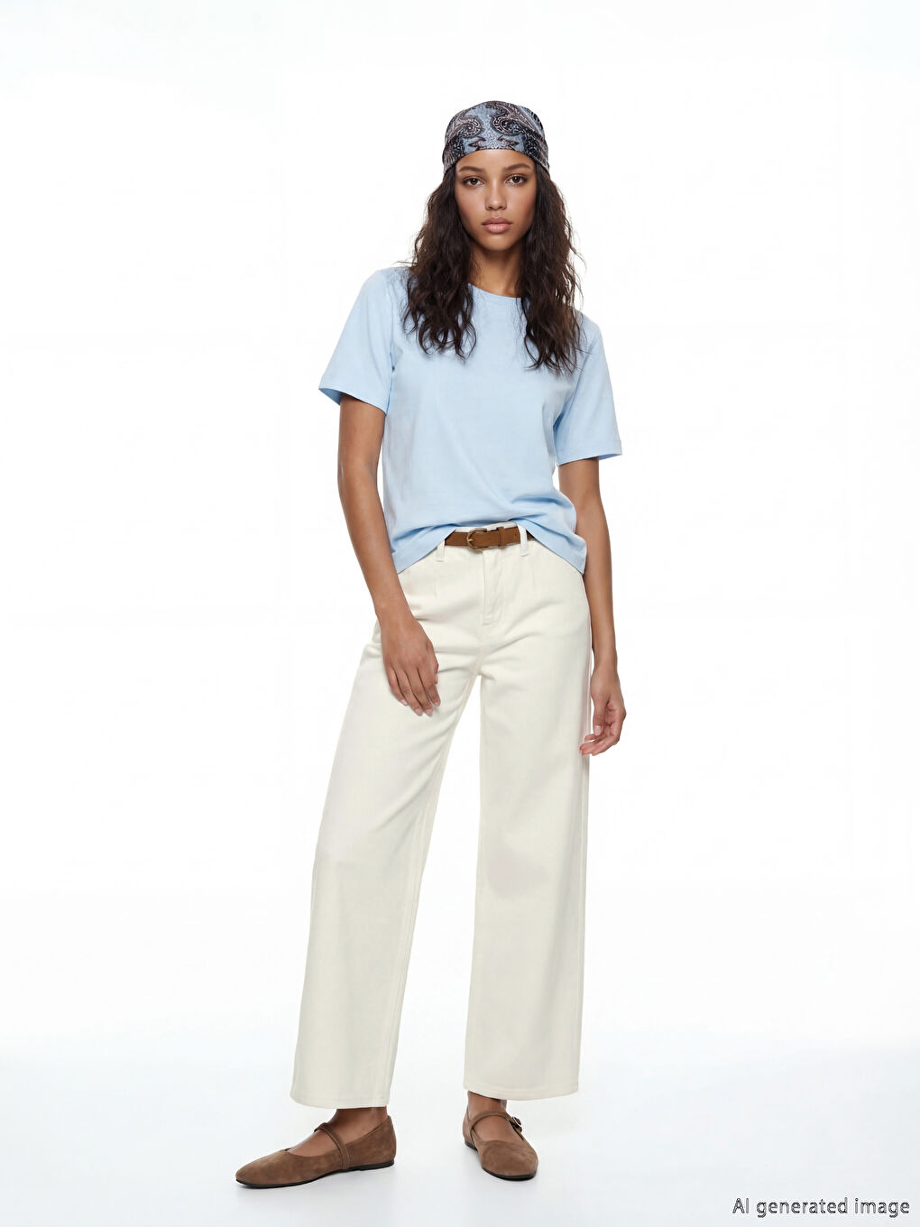 Beyaz Beli Kemerli Wideleg Kadın Jean Pantolon