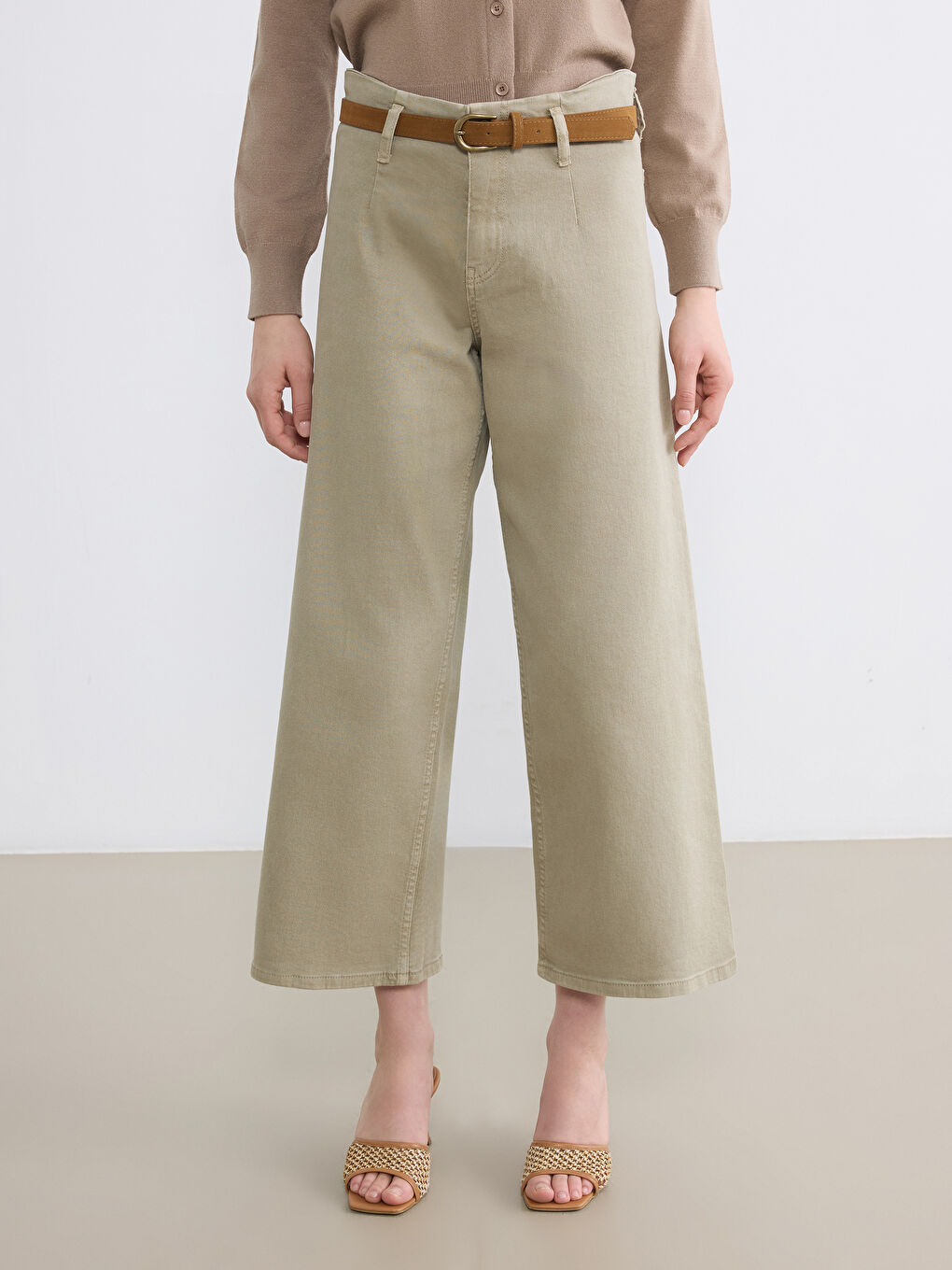 Yeşil Beli Kemerli Wideleg Kadın Jean Pantolon-2