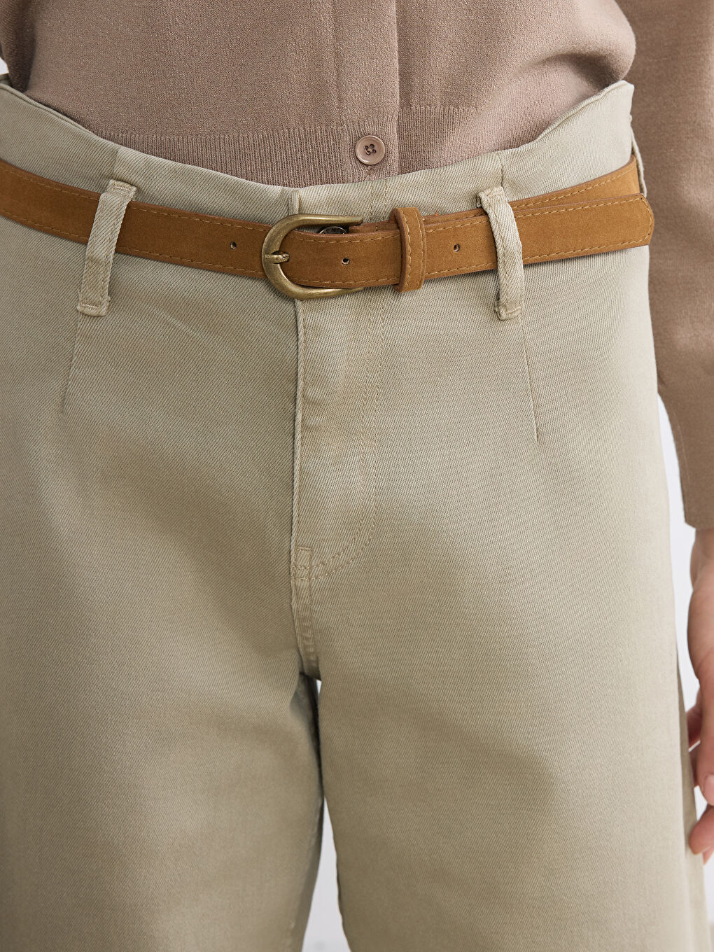 Yeşil Beli Kemerli Wideleg Kadın Jean Pantolon-3