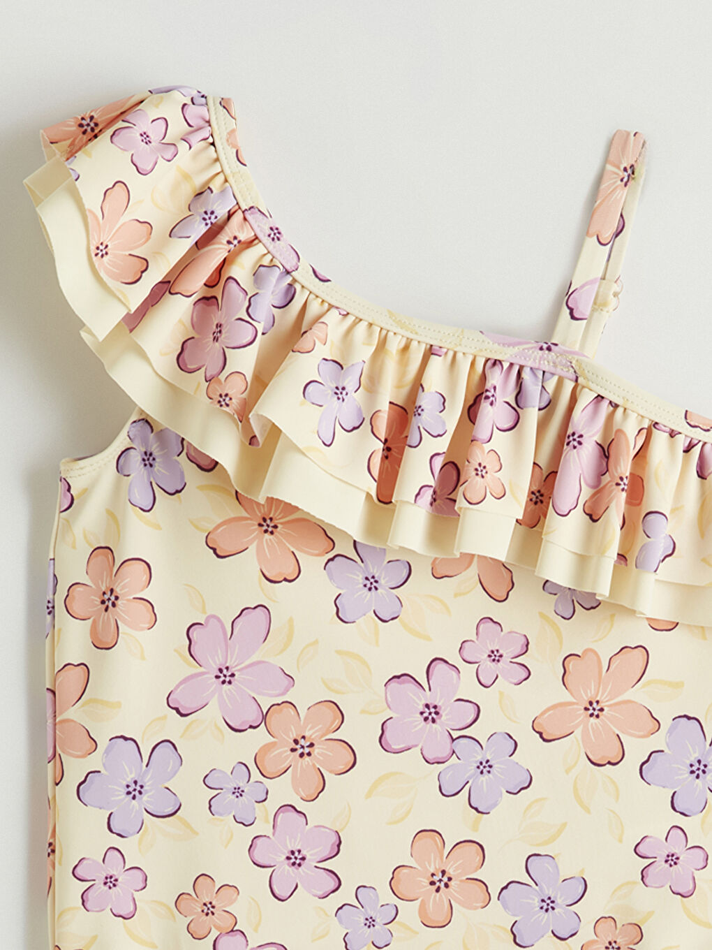 Ekru Fırfır Detaylı Kız Çocuk Mayo-1