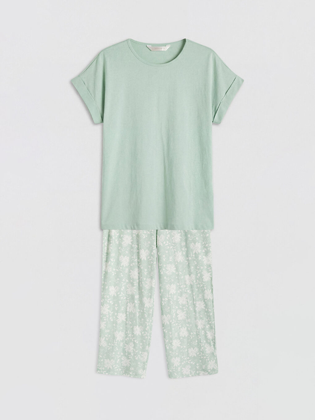 Yeşil Bisiklet Yaka Desenli Kadın Kaprili Pijama Takımı