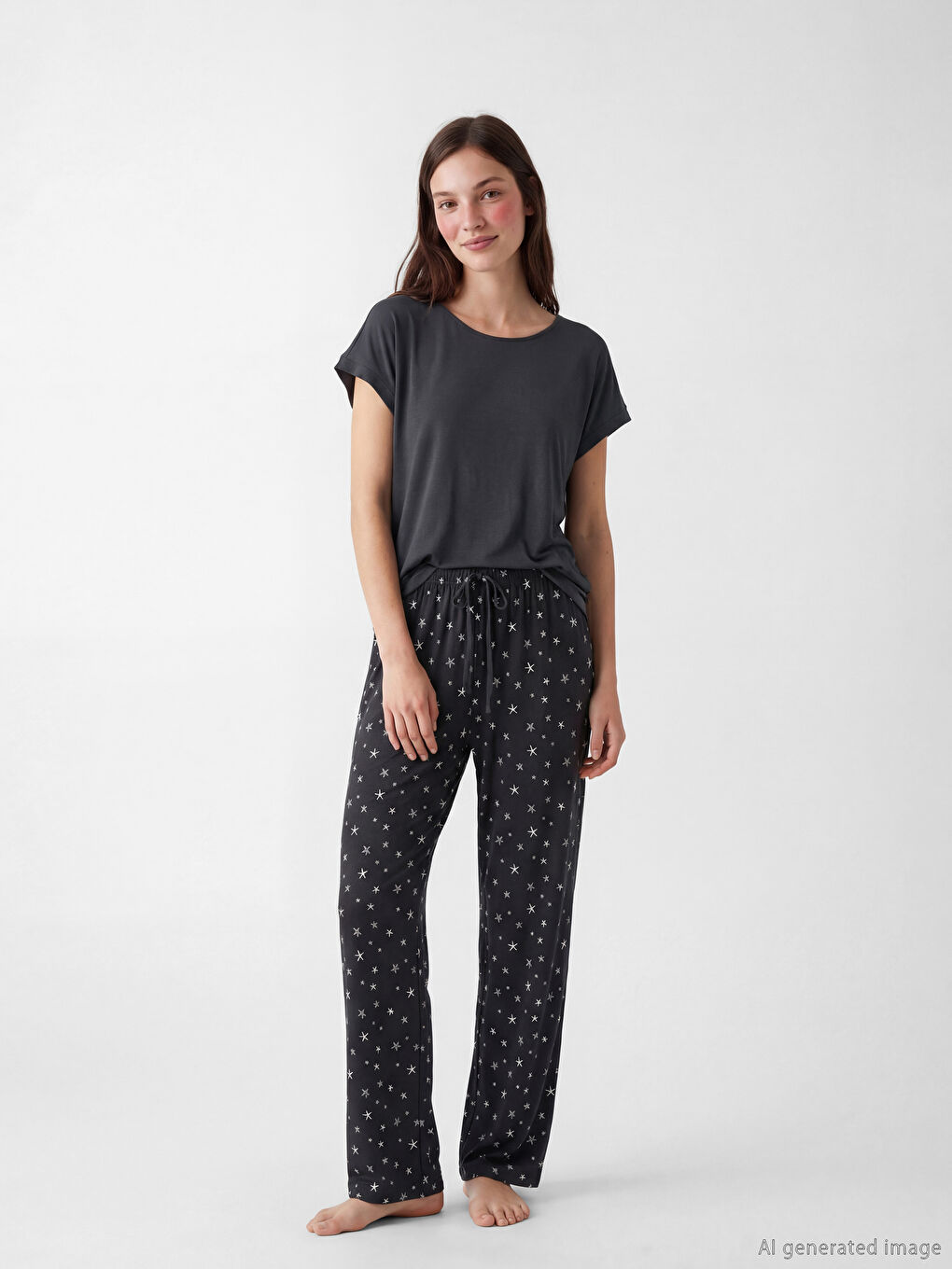 Antrasit Bisiklet Yaka Baskılı Kadın Pijama Takımı