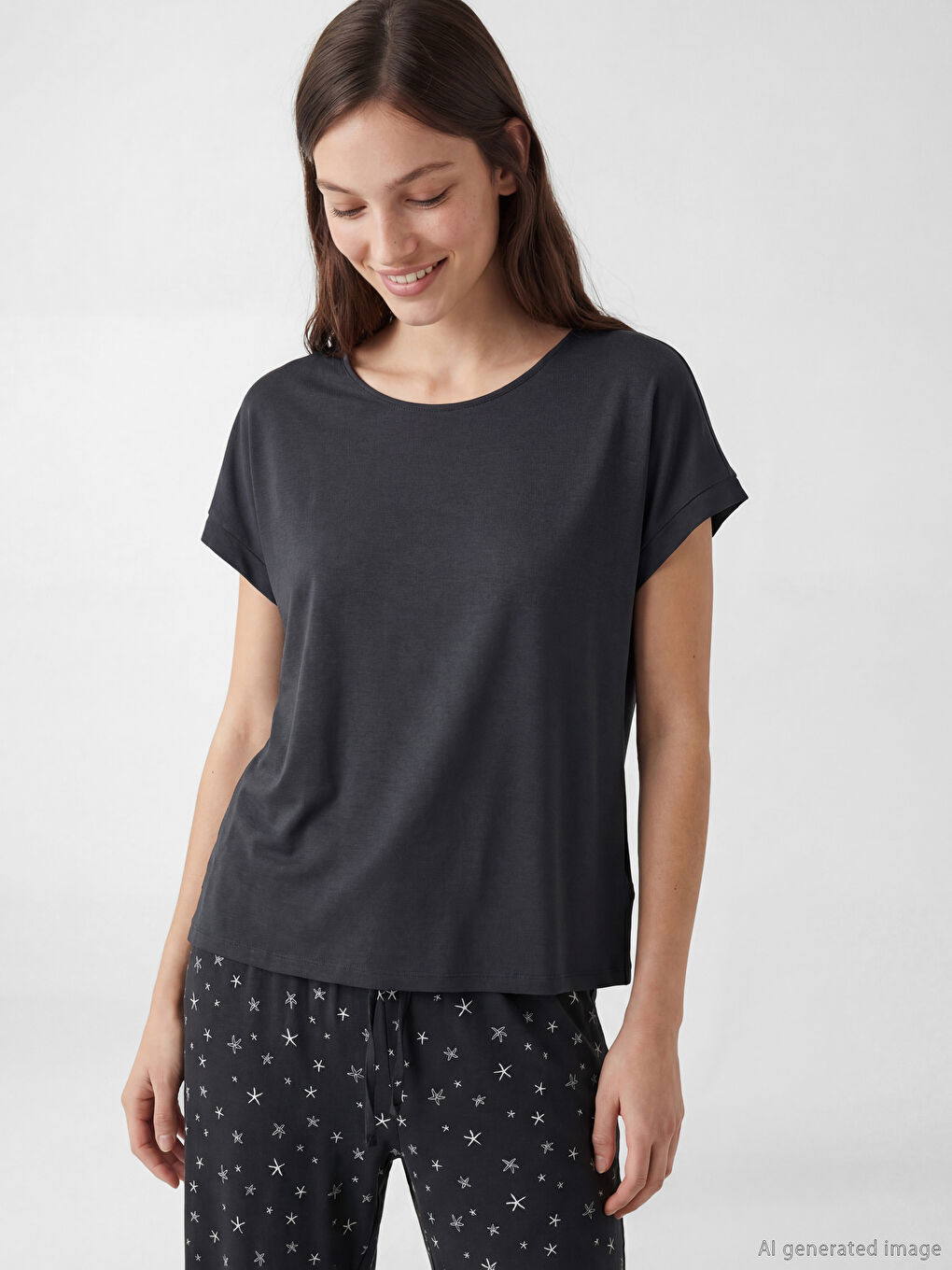 Antrasit Bisiklet Yaka Baskılı Kadın Pijama Takımı-1