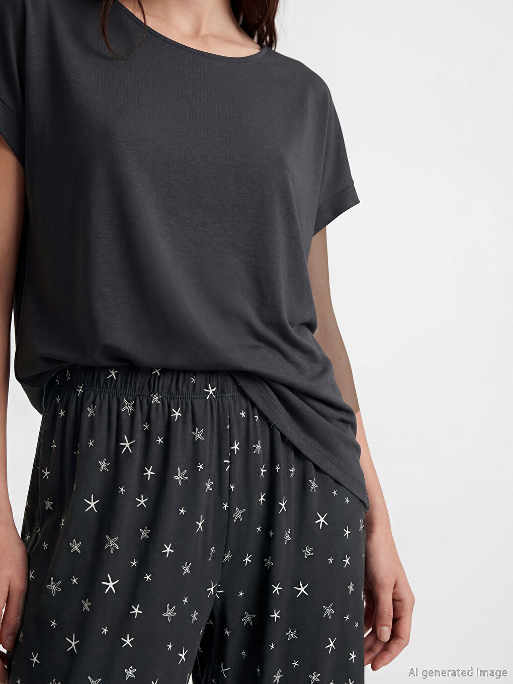 Antrasit Bisiklet Yaka Baskılı Kadın Pijama Takımı-2