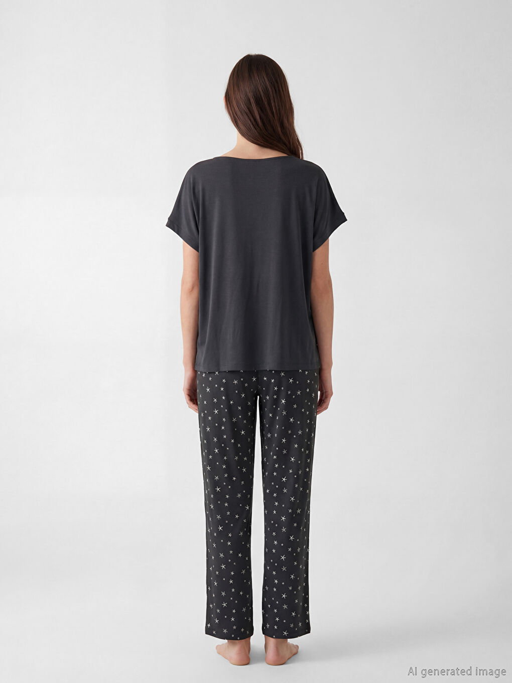Antrasit Bisiklet Yaka Baskılı Kadın Pijama Takımı-3