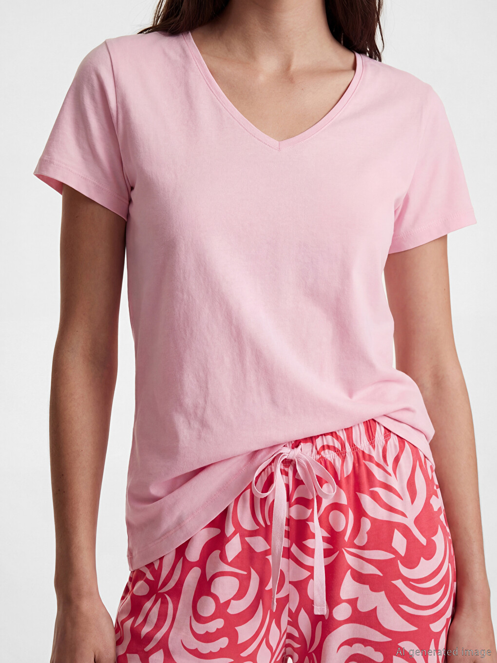 Pembe V Yaka %100 Pamuklu Kadın Pijama Üst-1