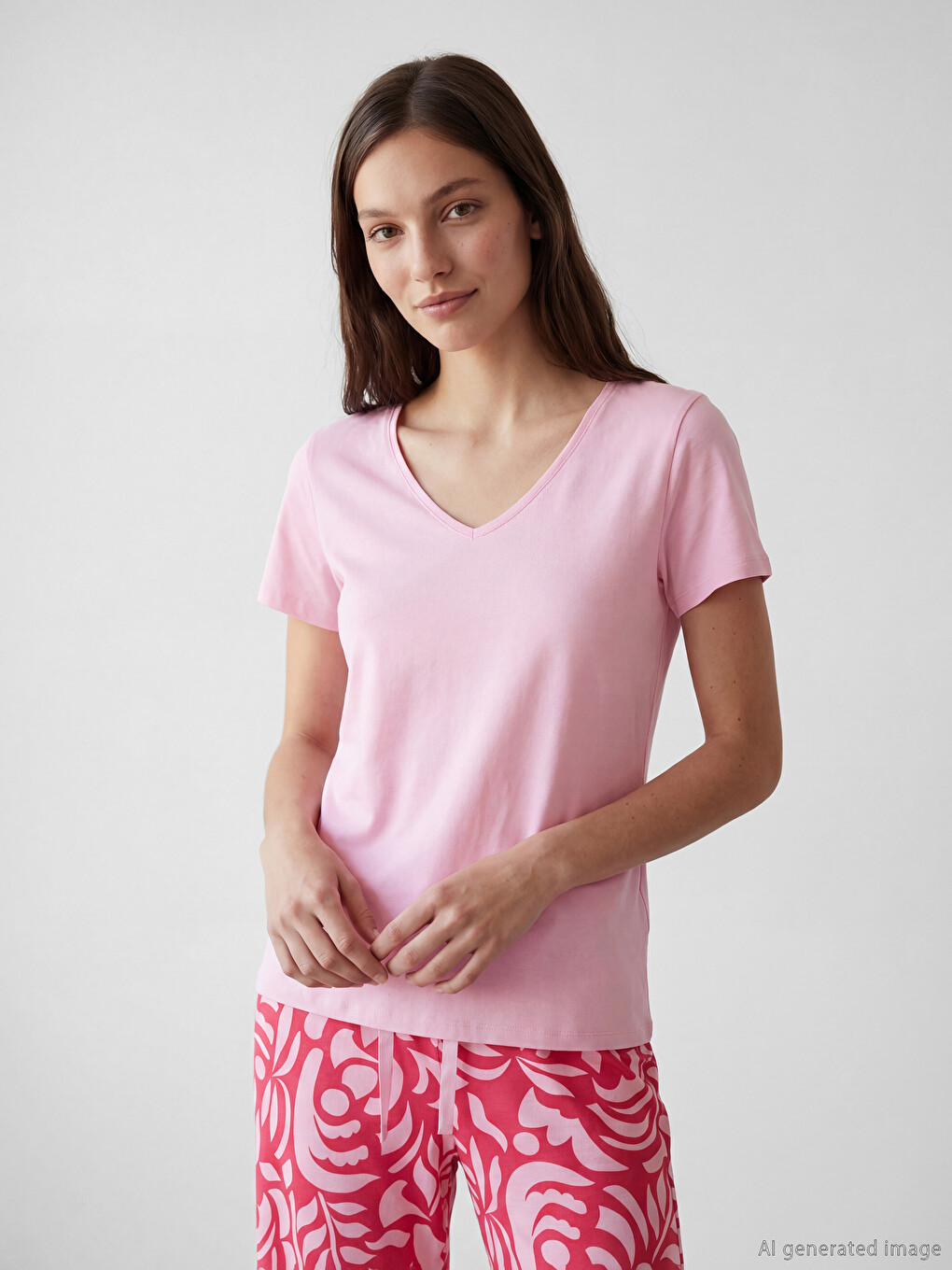 Pembe V Yaka %100 Pamuklu Kadın Pijama Üst