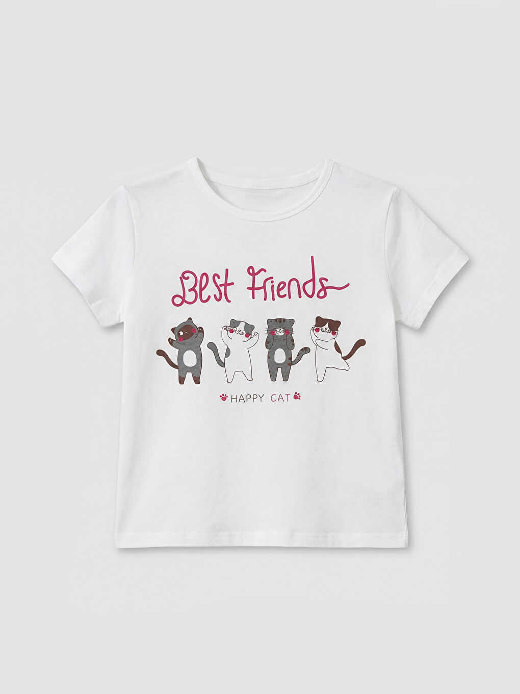 Bisiklet Yaka Kedi Baskılı Kız Çocuk Tişört