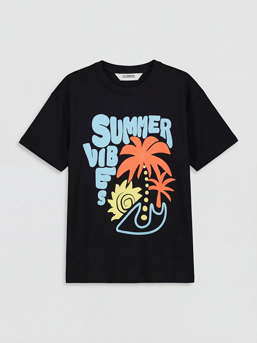 Siyah Bisiklet Yaka Baskılı Erkek Çocuk Tişört