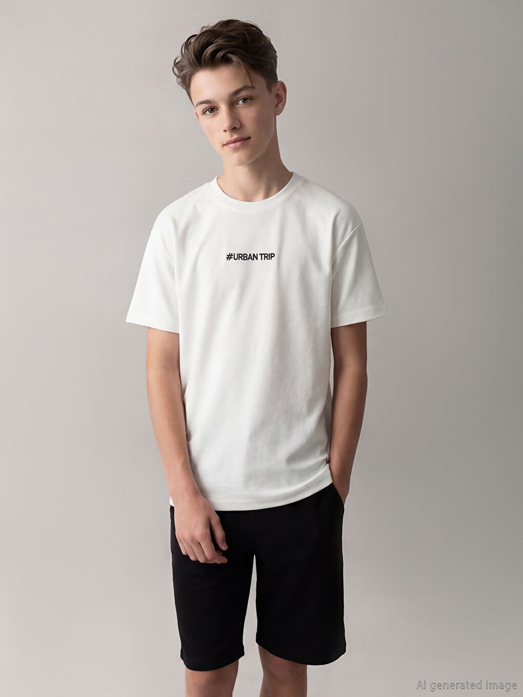 Beyaz Bisiklet Yaka Yazı Nakışlı Erkek Çocuk Tişört