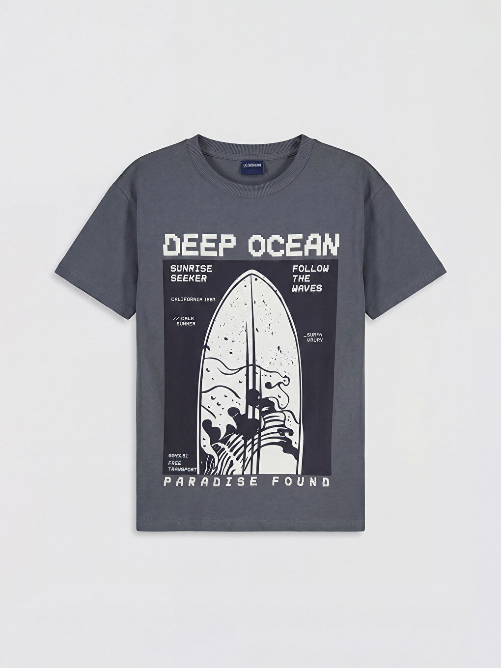 Gri Bisiklet Yaka Baskılı Erkek Çocuk Tişört