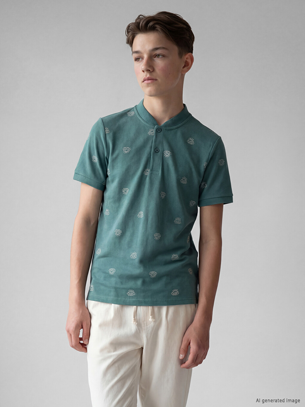 Grandad Collar Patterned Boys' T-Shirt-1