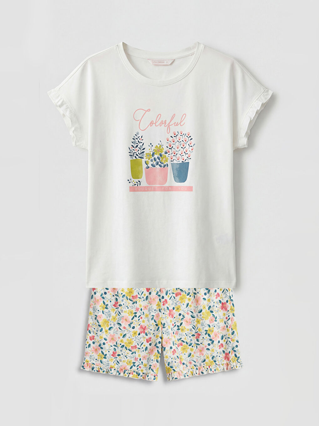 Ekru Bisiklet Yaka Çiçekli Kadın Şortlu Pijama Takımı