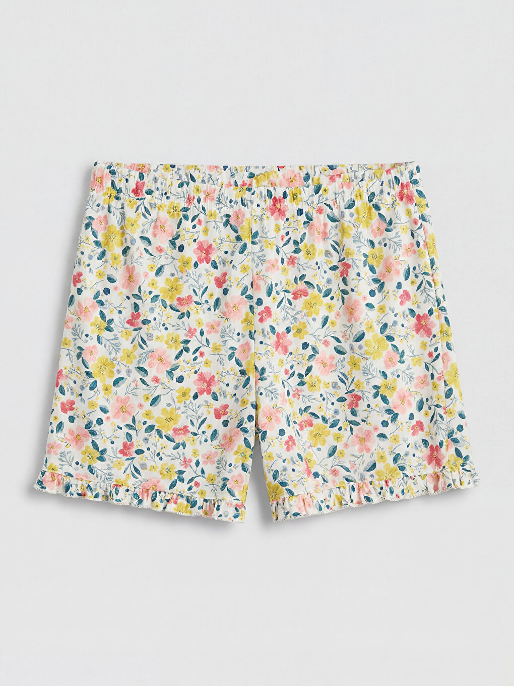 Ekru Bisiklet Yaka Çiçekli Kadın Şortlu Pijama Takımı-3