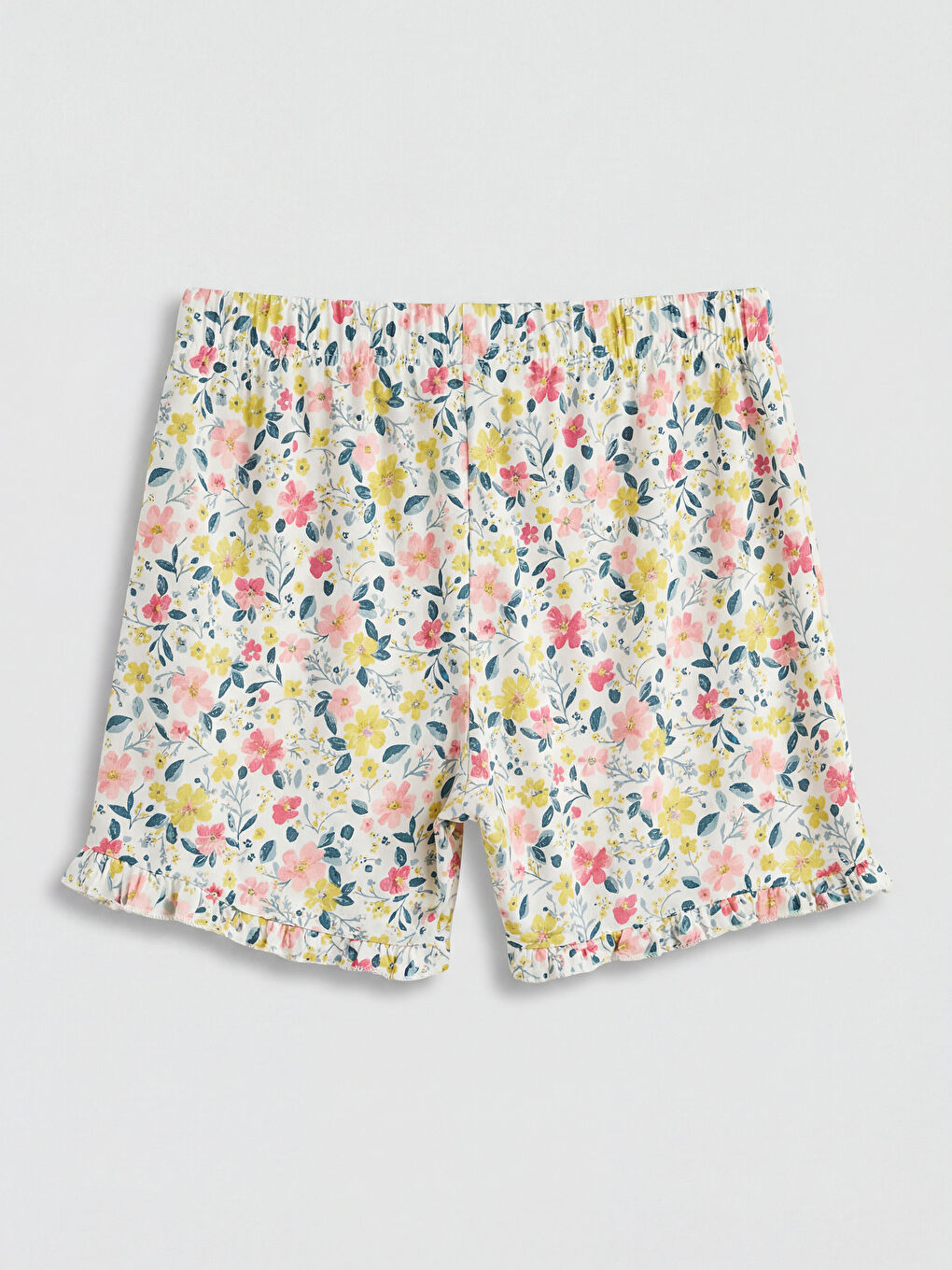 Ekru Bisiklet Yaka Çiçekli Kadın Şortlu Pijama Takımı-4