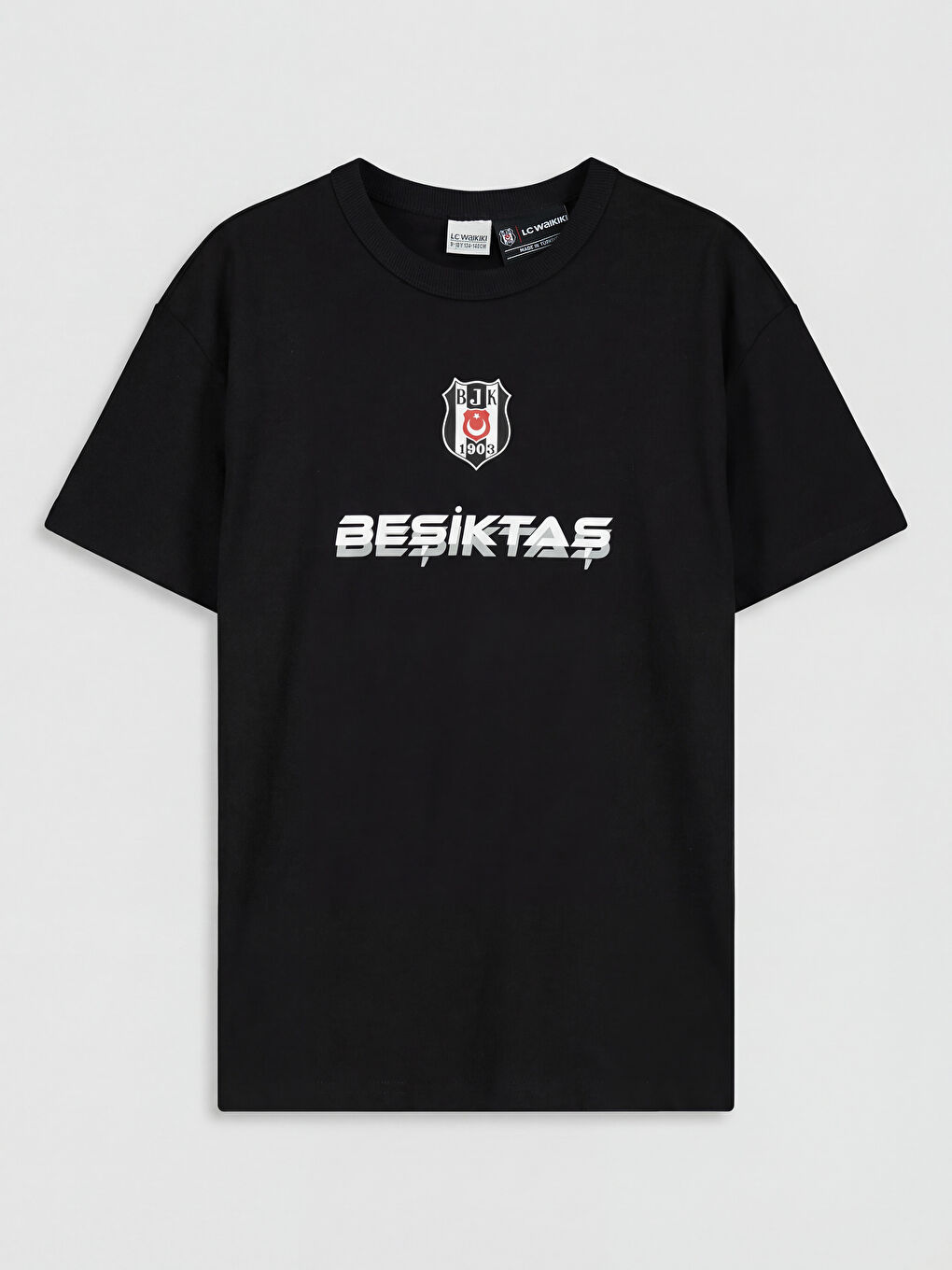 Siyah Bisiklet Yaka Beşiktaş Baskılı Erkek Çocuk Tişört-1
