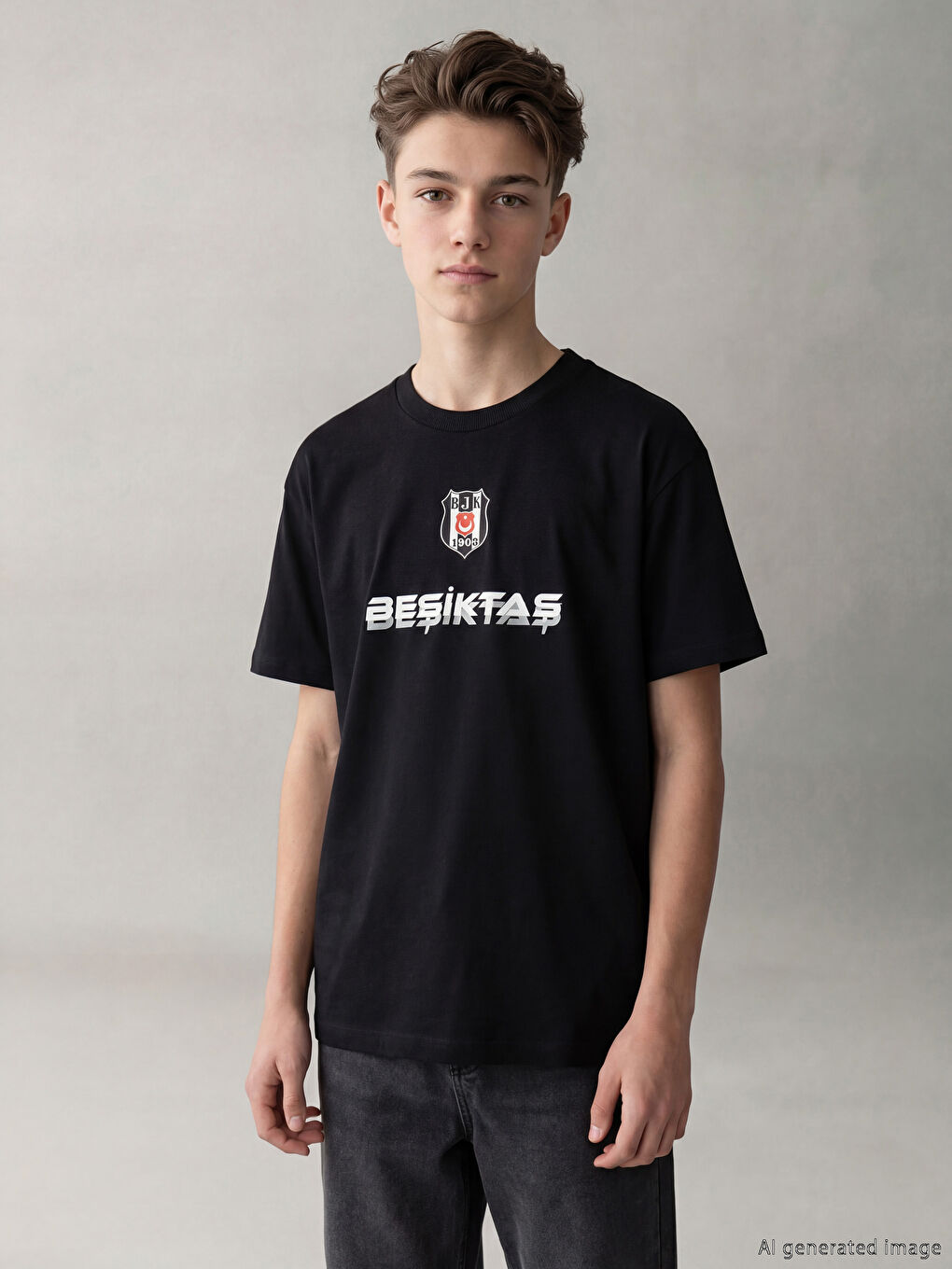 Siyah Bisiklet Yaka Beşiktaş Baskılı Erkek Çocuk Tişört-1
