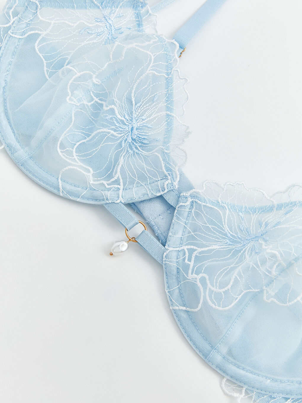 Mavi Balenli Dolgusuz Brode Fantezi Tişört Sütyen-2