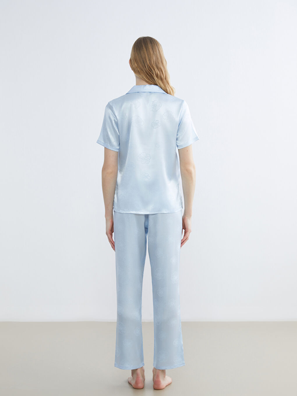 Mavi Gömlek Yaka Desenli Saten Kadın Pijama Takım-3
