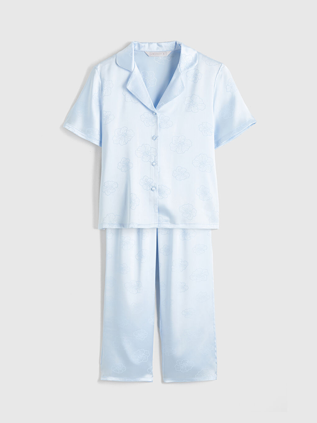 Mavi Gömlek Yaka Desenli Saten Kadın Pijama Takım-4