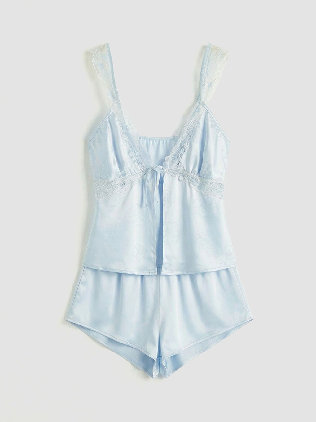 Mavi Dantel Detaylı Saten Kadın Şortlu Pijama Takımı