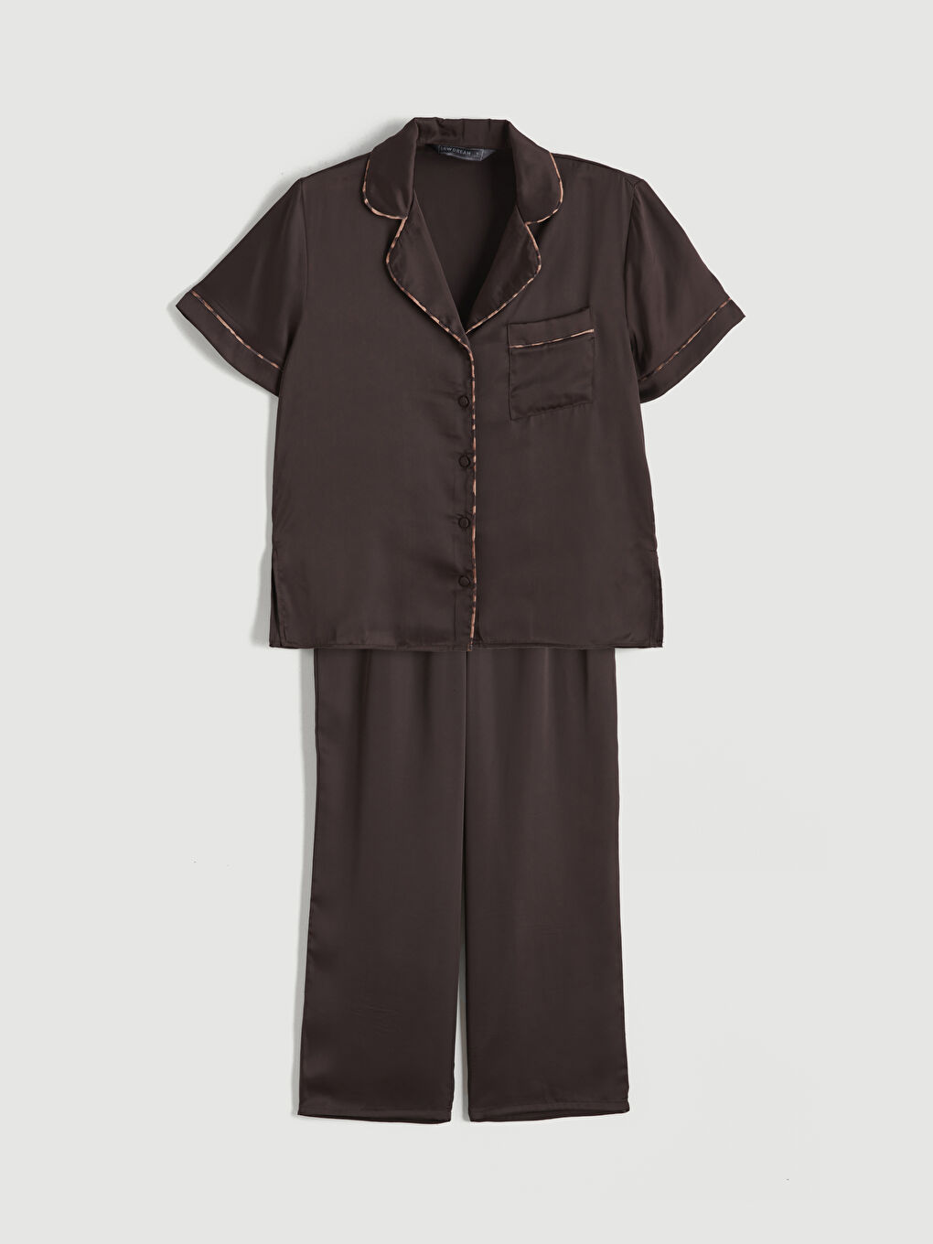 Kahverengi Gömlek Yaka Saten Kadın Pijama Takım-5
